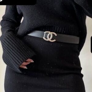 CHANEL Black Belt with Silver Logo Buckle